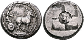 SICILY. Syracuse. Time of the Gamoroi or the First Democracy, circa 500-485 BC. Tetradrachm (Silver, 27 mm, 17.30 g, 8 h). ΣVRA Charioteer driving slo...