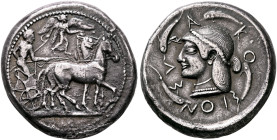 SICILY. Syracuse. Deinomenid Tyranny, 485-466 BC. Tetradrachm (Silver, 26 mm, 17.11 g, 12 h), circa 485-483. Charioteer driving quadriga walking to ri...