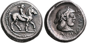 SICILY. Syracuse. Deinomenid Tyranny, 485-466 BC. Drachm (Silver, 15 mm, 4.30 g, 12 h), circa 485-470. Nude horseman riding to right. Rev. ΣVRAKOΣION ...