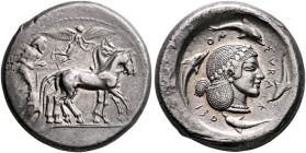 SICILY. Syracuse. Deinomenid Tyranny, 485-466 BC. Tetradrachm (Silver, 26 mm, 17.28 g, 7 h), circa 480-478. Charioteer, holding kentron in his right h...