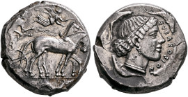 SICILY. Syracuse. Second Democracy, 466-405 BC. Tetradrachm (Silver, 25 mm, 17.39 g, 12 h), circa 450-440. Charioteer, holding kentron in his right ha...