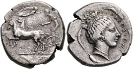 SICILY. Syracuse. Second Democracy, 466-405 BC. Tetradrachm (Silver, 28 mm, 16.88 g, 10 h), circa 440-430. Charioteer driving fast quadriga to left, h...