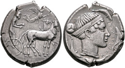 SICILY. Syracuse. Second Democracy, 466-405 BC. Tetradrachm (Silver, 24 mm, 17.19 g, 12 h), circa 430. Charioteer driving quadriga walking to right, h...