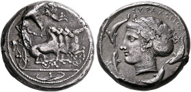 SICILY. Syracuse. Second Democracy, 466-405 BC. Tetradrachm (Silver, 25 mm, 17.32 g, 7 h), obverse die signed by Euainetos, reverse die signed by Eukl...