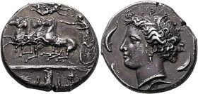 SICILY. Syracuse. Dionysios I, 405-367 BC. Dekadrachm (Silver, 35 mm, 42.74 g, 4 h), reverse die signed by Euainetos, circa 405-400. Charioteer drivin...