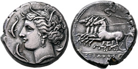 SICILY. Syracuse. Agathokles, 317-289 BC. Tetradrachm (Silver, 25 mm, 16.88 g, 9 h), circa 317-310. Head of Arethousa to left, wearing wreath of grain...