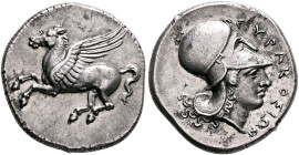 SICILY. Syracuse. Timoleon and the Third Democracy, 344-317 BC. Stater (Silver, 22 mm, 8.67 g, 2 h). Pegasos flying left. Rev. ΣYPAKOΣIΩN Head of Athe...