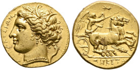 SICILY. Syracuse. Hiketas II, 287-278 BC. Dekadrachm (Gold, 16 mm, 4.25 g, 2 h), circa 279/8. ΣΥΡΑΚΟΣΙΩΝ Head of Persephone to left, wearing wreath of...