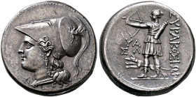 SICILY. Syracuse. Fifth Democracy, 214-212 BC. 12 Litrai (Silver, 23 mm, 10.13 g, 8 h). Head of Athena to left, wearing crested Corinthian helmet deco...