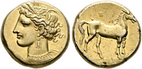 CARTHAGE. Circa 290-270 BC. Stater (Electrum, 18 mm, 7.48 g, 12 h). Head of Tanit to left, wearing wreath of grain ears, triple-pendant earring and el...