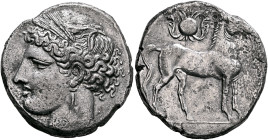 CARTHAGE. First Punic War. Circa 264-241 BC. Trishekel (Silver, 32 mm, 23.92 g, 12 h), circa 255-251. Head of Tanit to left, wearing wreath of grain e...