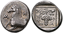 THRACE. Maroneia. Circa 398/7-386/5 BC. Tetrobol (Silver, 15 mm, 2.74 g, 7 h), Met..., magistrate. M-H-[T] Forepart of a horse to left. Rev. M-A Grape...