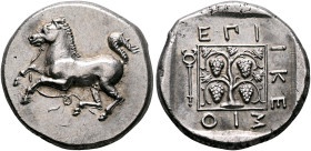 THRACE. Maroneia. Circa 386/5-348/7 BC. Tetradrachm (Silver, 25 mm, 11.40 g, 12 h), Hikesios, magistrate. Bridled horse springing to left, with traili...