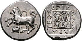 THRACE. Maroneia. Circa 386/5-348/7 BC. Tetradrachm (Silver, 24 mm, 11.40 g, 5 h), Kallikrates, magistrate. Bridled horse springing to left, with trai...