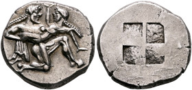 ISLANDS OFF THRACE, Thasos. Circa 500-480 BC. Stater (Silver, 21 mm, 9.30 g). Nude ithyphallic satyr, with long beard and long hair, moving right in '...