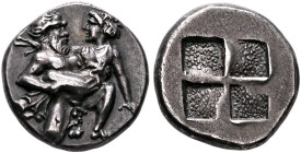 ISLANDS OFF THRACE, Thasos. Circa 412-404 BC. Drachm (Silver, 14 mm, 3.56 g). Nude satyr, bald and with long beard, kneeling facing, his head turned t...