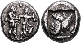 THRACO-MACEDONIAN REGION. Berge (?). Circa 525-480 BC. Stater (Silver, 20 mm, 9.79 g). Ithyphallic satyr standing right, grasping right wrist of nymph...