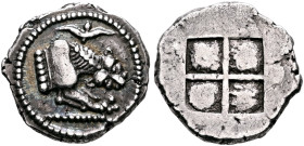 MACEDON. Akanthos. Circa 500-480 BC. Tetrobol (Silver, 16 mm, 2.49 g). Forepart of a lioness to right, head seen from above; above, floral ornament. R...