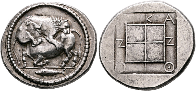 MACEDON. Akanthos. Circa 440-430 BC. Tetradrachm (Silver, 31 mm, 17.24 g). Lion ...