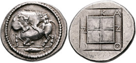 MACEDON. Akanthos. Circa 440-430 BC. Tetradrachm (Silver, 31 mm, 17.24 g). Lion right, attacking a bull collapsing to left with head raised; in exergu...