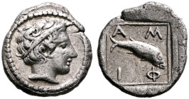 MACEDON. Amphipolis. Late 5th-early 4th century BC. Obol (Silver, 9 mm, 0.45 g, 11 h). Youthful male head (Apollo?) to right, wearing taenia. Rev. ΑΜ-...