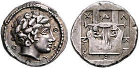 MACEDON, Chalkidian League. Circa 421-420 BC. Tetrobol (Silver, 14 mm, 2.34 g, 12 h), Olynthos. Ο-Λ-Υ-Ν-Θ Laureate head of Apollo to right. Rev. X-A-Λ...