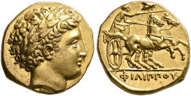 KINGS OF MACEDON. Philip II, 359-336 BC. Stater (Gold, 18 mm, 8.60 g, 12 h), Pella, circa 345-336. Laureate head of Apollo to right. Rev. ΦΙΛΙΠΠΟΥ Cha...