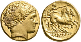 KINGS OF MACEDON. Philip II, 359-336 BC. Stater (Gold, 19 mm, 8.60 g, 12 h), Pella, struck under Philip II or Alexander III, 340/36-328. Laureate head...