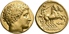 KINGS OF MACEDON. Philip II, 359-336 BC. Stater (Gold, 18 mm, 8.62 g, 12 h), Pella, struck under Philip II or Alexander III, circa 340/36-328. Laureat...