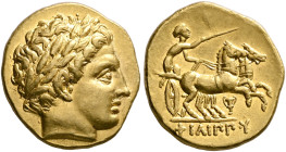 KINGS OF MACEDON. Philip II, 359-336 BC. Stater (Gold, 19 mm, 8.59 g, 7 h), Pella, struck under Antipater or Polyperchon, circa 323-318/7. Laureate he...