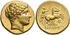 KINGS OF MACEDON. Philip II, 359-336 BC. Stater (Gold, 19 mm, 8.62 g, 2 h), Amphipolis (?), struck under Philip III or Kassander, circa 323/2-315. Lau...