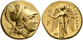 KINGS OF MACEDON. Alexander III ‘the Great’, 336-323 BC. Stater (Gold, 18 mm, 8.50 g, 12 h), Kalchedon, circa 260-220. Head of Athena to right, wearin...