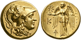 KINGS OF MACEDON. Alexander III ‘the Great’, 336-323 BC. Stater (Gold, 18 mm, 8.43 g, 12 h), Kalchedon, circa 260-220. Head of Athena to right, wearin...
