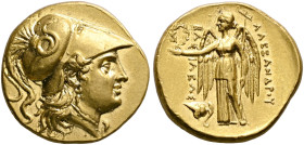 KINGS OF MACEDON. Alexander III ‘the Great’, 336-323 BC. Stater (Gold, 18 mm, 8.45 g, 6 h), Mesembria, circa 250-225. Head of Athena to right, wearing...