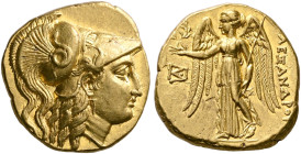KINGS OF MACEDON. Alexander III ‘the Great’, 336-323 BC. Stater (Gold, 18 mm, 8.55 g, 6 h), uncertain mint in the East, circa 325-300. Head of Athena ...