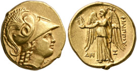 KINGS OF MACEDON. Philip III Arrhidaios, 323-317 BC. Stater (Gold, 17 mm, 8.60 g, 2 h), Babylon II, struck under Seleukos I, circa 318/7-315. Head of ...