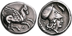 ILLYRIA. Dyrrhachion. Circa 344-300 BC. Stater (Silver, 21 mm, 8.60 g, 1 h). Pegasos flying right; below, Δ. Rev. Head of Athena to right, wearing Cor...