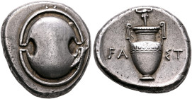 BOEOTIA. Thebes. Circa 390-382 BC. Stater (Silver, 22 mm, 12.26 g, 9 h), Wast..., magistrate. Boeotian shield. Rev. FA-ΣT Amphora; above, boukranion; ...