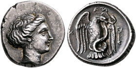 EUBOIA. Chalkis. Circa 290-273/1 BC. Drachm (Silver, 16 mm, 3.69 g, 2 h). Head of the nymph Chalkis to right, her hair in a roll, wearing triple penda...