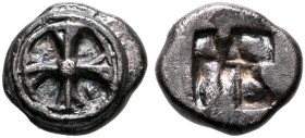 ATTICA. Athens. Circa 545-525/15 BC. Obol (Silver, 8 mm, 0.63 g), 'Wappenmünzen' type. Wheel with four spokes, struts and central boss. Rev. Irregular...