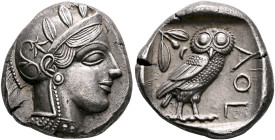 ATTICA. Athens. Circa 440s-430s BC. Tetradrachm (Silver, 25 mm, 17.10 g, 7 h). Head of Athena to right, wrearing crested Attic helmet decorated with t...