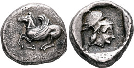 CORINTHIA. Corinth. Circa 500-450 BC. Stater (Silver, 19 mm, 8.32 g, 2 h). Bridled Pegasos, with curved wing, flying left; below, Ϙ. Rev. Head of Athe...