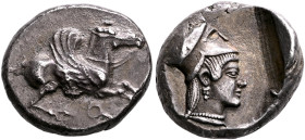 CORINTHIA. Corinth. Circa 450-400 BC. Stater (Silver, 19 mm, 8.54 g, 7 h). Bridled Pegasos with curved wing flying right; below, Ϙ. Rev. Head of Athen...