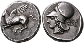 CORINTHIA. Corinth. Circa 400-375 BC. Stater (Silver, 18 mm, 8.59 g, 12 h). Pegasos flying left; below, Ϙ. Rev. Head of Athena to left, wearing Corint...