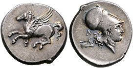 CORINTHIA. Corinth. Circa 375-300 BC. Stater (Silver, 23 mm, 8.52 g, 9 h). Pegasos flying left; below, Ϙ. Rev. Head of Athena to right, wearing Corint...