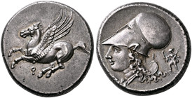 CORINTHIA. Corinth. Circa 375-300 BC. Stater (Silver, 21 mm, 8.59 g, 9 h). Pegasos flying left; below, Ϙ. Rev. Head of Athena to left, wearing Corinth...