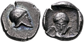 ARGOLIS. Argos. Circa 420-410 BC. Diobol (Silver, 13 mm, 2.00 g, 1 h), alliance issue with Corinth (?). Corinthian helmet to right. Rev. Corinthian he...