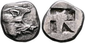 CYCLADES, Kythnos. Circa 475-460 BC. Tetrobol or Third Stater (Silver, 16 mm, 3.93 g). Head of a boar to right. Rev. Rough quadripartite incuse square...