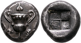 CYCLADES, Naxos. Circa 540/30-520/15 BC. Stater (Silver, 19 mm, 12.07 g). Kantharos with ivy wreath below lip and bunch of grapes hanging from each ha...