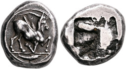 CYCLADES, Paros. Circa 520/15-500 BC. Drachm (Silver, 16 mm, 6.00 g), Aeginetic standard. Goat kneeling to right; below, dolphin to right. Rev. Rough ...